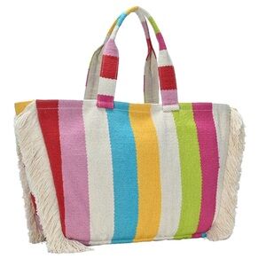 Hindi-inspired Boho Canvas Rangi Rainbow Tote with Fringe